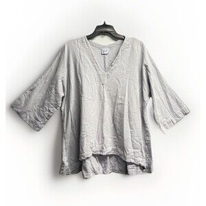 Oh My Gauze Tunic Top Grey V Neck 3/4 Sleeve Oversized Costal Sz M-L